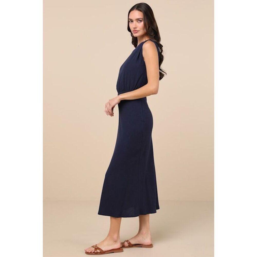 NWT.Lulus Casual Enchantment Navy Linen Off-the-shoulder Midi Dress Blue - M